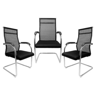 Imagem de Kit 03 Cadeiras De Escritório Simples Diretor Base Fixa Tela Mesh Londres Preta