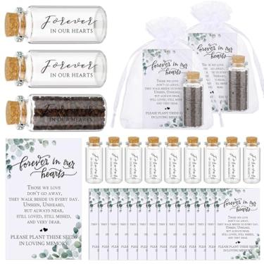 Imagem de Tanlade 100 conjuntos de garrafas de vidro com rolha de cortiça, cartões de oração fúnebre, cartões de celebração da vida, sacos de organza para perda de um ente querido serviço memorial, sem semente