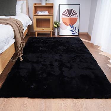 Imagem de Ghouse Tapete de pele de coelho sintética ultra macio, tapetes de área laváveis à máquina para quarto tapetes macios para sala de estar, tapete sem queda de pelego tapete preto 10 x 15 cm