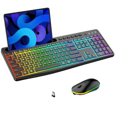 Imagem de Combo de teclado e mouse sem fio com luz de fundo, teclado recarregável de 2,4 GHz com suporte para tablet e celular, 11 teclas de atalho, mouse retroiluminado silencioso de 22 RGB, clique silencioso