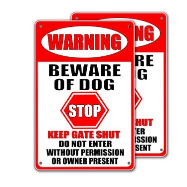 Imagem de Beware Of Dog Sign 2 Pack Cuidado com Sinais de Cachorro Para Cerca, Decoração de Cães Placas de Metal Segurança Aviso de Jardim Para Parar Quintal Mantenha o Portão Fechado Não Entre Sem Permissão Ou Proprietário Presente Placa de Lata 20,3 x 30,5 cm