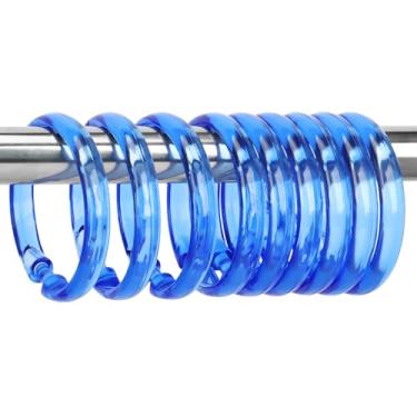 Imagem de Qulable Ganchos de cortina de chuveiro azuis - 12 peças de anéis circulares de plástico para banheiro - Ganchos de chuveiro azuis transparentes em forma de O para varão de cortina de chuveiro