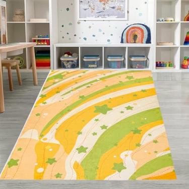 Imagem de Lacomfy Tapete infantil arco-íris estrelas colorido tapete para sala de jogos 10 x 15 cm - antiderrapante, lavável, macio, adequado para sala de jogos, sala de estar, sala de aula