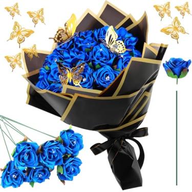 Imagem de Riceshoot 25 conjuntos de buquê de rosas DIY falsas com hastes kit de buquê de flores falsas coroa de papel de embrulho borboletas 3D para presente de casamento de aniversário de formatura (azul)