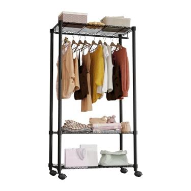 Imagem de Suporte de roupas com rodinhas resistente, 3 camadas, ajustável, com hastes e ganchos duplos, suporte de armazenamento de armário independente para pendurar roupas