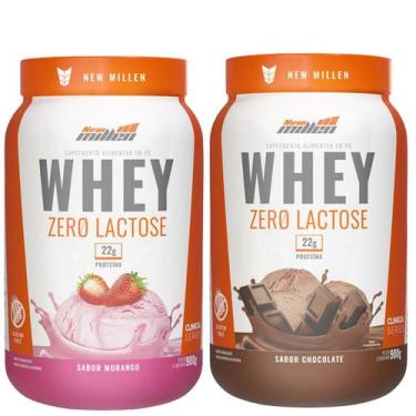 Imagem de 2x Whey Protein Zero Lactose 900G New Millen, Chocolate e Morango