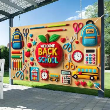 Imagem de HOMETITUTE Welcome Back To School Banner 180 x 109 cm Material escolar Banner de pano de fundo para pré-escola jardim de infância volta às aulas decorações de festa suprimentos banners de pano de