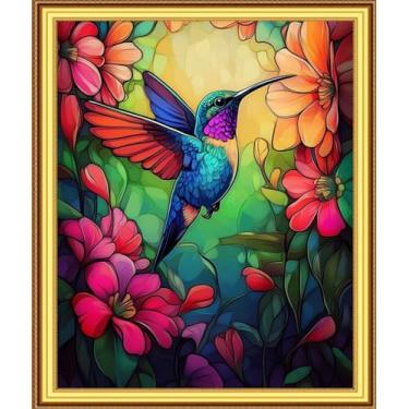 Imagem de Foxnyart Kits de ponto cruz estampado, gama completa de kits de bordado para iniciantes e adultos 11CT padrões de bordado arte artesanato DIY kit de bordado - flor colorida beija-flor 16 x 50 cm