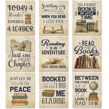 Imagem de Pajean 9 peças de pôsteres de leitura vintage para biblioteca leitura compreensão pôsteres sala de aula decoração quadro negro livro quadro de avisos arte de parede canto biblioteca para decorações de