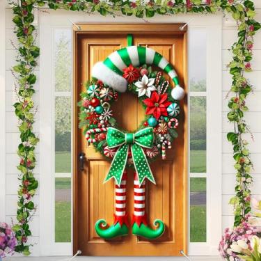 Imagem de BlissYard Faixa de capa de porta de elfo de Natal, 89 x 188 cm, guirlanda de Natal verde e vermelha, para pendurar na parede com pernas listradas, detalhes de bengala doce para varanda da frente