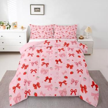 Imagem de Feelyou Conjunto de cama solteiro com laço vermelho, morango, para meninos, meninas, adolescentes, edredom com laço, respirável, macio, leve, microfibra, kawaii, decoração de quarto