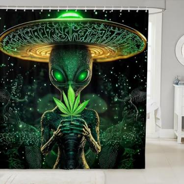 Imagem de Erosebridal Cortina de chuveiro alienígena Trippy 72x72, cortina de banho abstrata com ganchos, cortina de chuveiro de tecido botânico de maconha verde para crianças, meninos, adolescentes, conjuntos