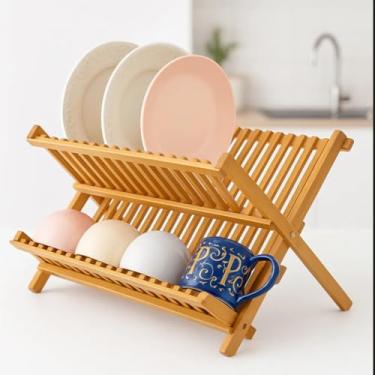 Imagem de Escorredor de Louça em 2 Níveis, Dobrável, 14 Divisórias, Natural
