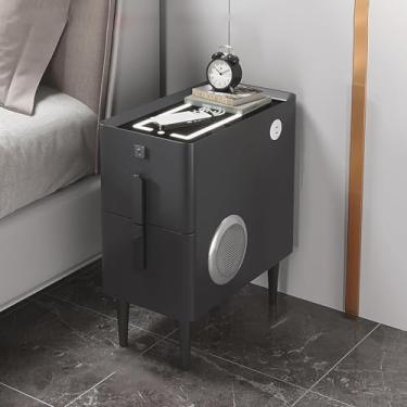 Imagem de Cabeceira De Madeira Maciça De Lados Estreitos Com Luz Led, Cabeceira Do Quarto Com Trava De Impressão Digital, Armário Lateral Moderno E Inteligente Para Sala De Estar Com Alto-falante Blu