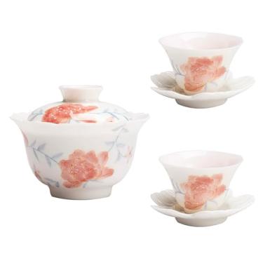 Imagem de Conjunto de chá de gongfu pintado à mão boutique – design de peônia beijada com orvalho em porcelana branca pura, inclui mini bule de chá, Gaiwan, xícaras de chá e pires, conjunto de presente para