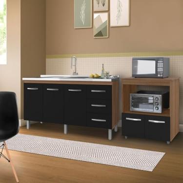 Imagem de Kit Balcão Diana Para Pia 150cm E Balcão Multiuso Angela para Microondas - Savana/Preto