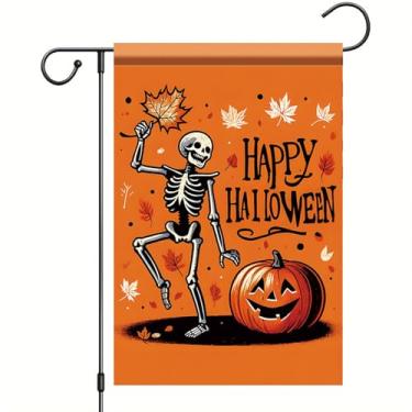 Imagem de Starlit Patio Bandeira de jardim de Dia das Bruxas, esqueleto, abóbora, decoração ao ar livre, outono, quintal, 30,5 x 45,7 cm, faixa decorativa dupla face para gramado, pátio, festa, decoração