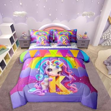 Imagem de Erosebridal Jogo de cama solteiro de unicórnio fofo, 7 peças, com letra K, desenho animado de estrelas, arco-íris, monograma, com edredom e decoração de quarto