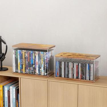 Imagem de ihomecooker 2 unidades de suporte de CD de acrílico empilhável de madeira, organizador de mesa, comporta até 60 caixas de joias de CD, suporte de armazenamento de mídia para coleções de filmes e