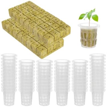 Imagem de Conjunto de 72 cubos de lã de rocha e vasos de rede, kit hidropônico, plugues de pedra com copos de rede, kit iniciante hidropônico, retenção eficiente de água, germinação rápida para crescimento de