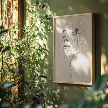 Imagem de Quadro Decorativo Rosto Flor Minimalista Com Moldura Arte Feminina Linhas Delicadas Moderna Abstrata Desenho Preto e Branco