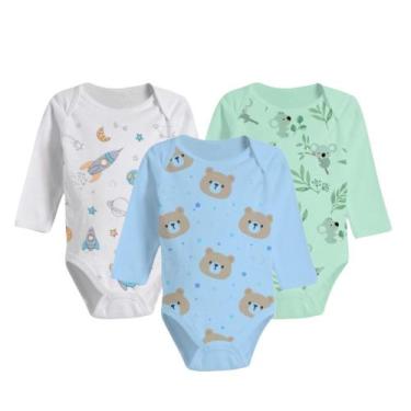 Imagem de Kit Roupa De Bebê 3 Peças Body Estampado Manga Longa Algodão - Koala B