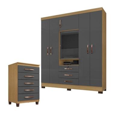 Imagem de Guarda Roupa Casal Imperial Com Cômoda Cannes 5 Gavetas Carvalho Americano Grafite - Incorplac