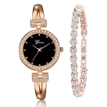 Imagem de Weicam Conjunto de joias de relógio de pulso analógico de quartzo analógico feminino clássico de duas peças, Ouro rosa