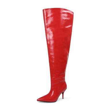 Imagem de CAGLGLZ Botas femininas de salto alto na panturrilha larga e cano alto, bico fino, preto, salto alto feminino, Vermelho, 37