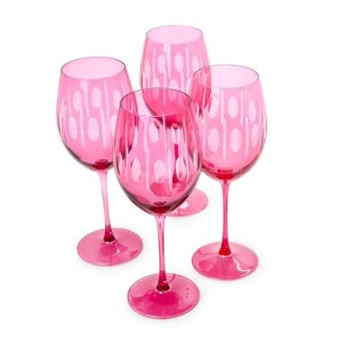 Imagem de Two's Company Taças de vinho com haste gravadas à mão com corte brilhante, 473 ml, vidro, rosa, conjunto de 4