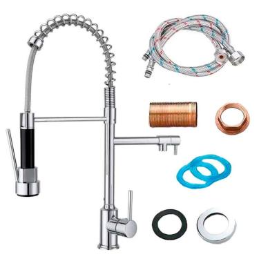 Imagem de Torneira para Cozinha Gourmet Luxo Aço Inox Dupla de Mesa Com Monocomando Misturador Agua Quente e Fria Mola - Cromada