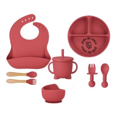 Imagem de Kit Alimentação Bebê 8 Peças Silicone Atóxico Prato com Divisórias Tigela Babador Talheres Copo com Canudo (Rosa Bordô)