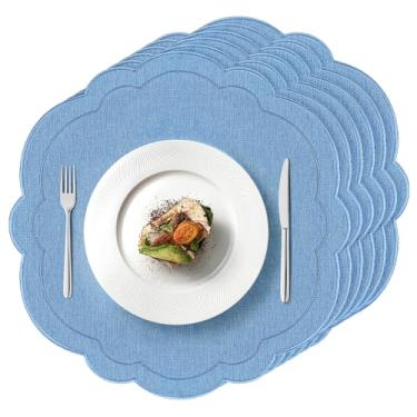 Imagem de Conjunto de 6 jogos americanos de linho de algodão azul de 38 cm bordados recortados tapetes de mesa florais puros tapetes de mesa de tecido lavável para casamento, chá de bebê, festa de chá, festival