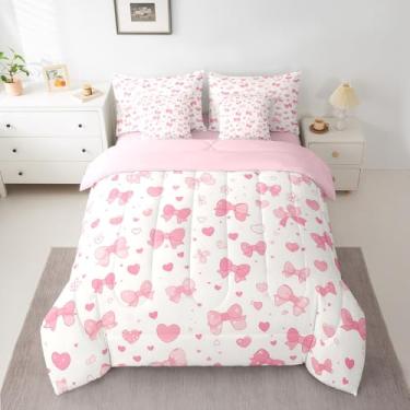 Imagem de Feelyou Jogo de cama solteiro de 7 peças com laço rosa e laço de princesa, decoração de quarto de meninas, cama de laço de princesa sonhadora em uma bolsa, conjunto de cama feminina com laço fofo