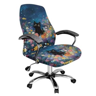 Imagem de Xoenoiee Capa para cadeira de escritório com estampa de margarida colorida de gato preto, capa extensível para cadeira de computador, jogos, estampa de noite estrelada, capa giratória universal com