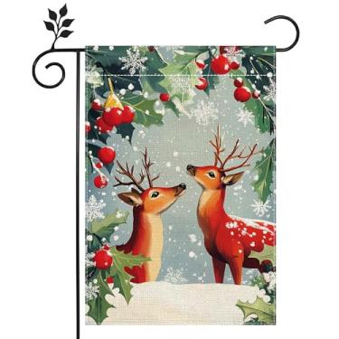 Imagem de Bandeira de jardim de floco de neve de rena de inverno para exterior de veado de Natal bandeira de quintal de boas-vindas 30,5 x 45,7 cm serapilheira dupla face bandeira para casa de fazenda para