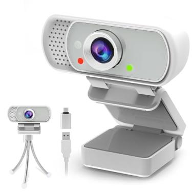 Imagem de Webcam com obturador de privacidade de tripé: Câmera Web FHD 1080p com microfone, Plug & Play USB A USB C Webcam com suporte, microfone de cancelamento de ruído grande angular branco, câmera Web