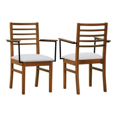 Imagem de Kit 2 Cadeiras Tiê Madeira Maciça Encosto Ripado c/Braço Metal - Amêndoa - Assento Estofado Linho Bege