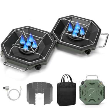 Imagem de Fogão de acampamento a propano com dois queimadores, fogão de acampamento dobrável de 34000 BTU, queimadores de propano a gás para cozinhar ao ar livre, fogões portáteis a gás com capa de vento, bolsa