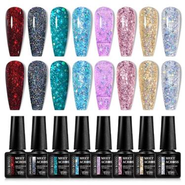 Imagem de MEET ACROSS Kit de esmalte de gel com glitter em 8 cores, brilhante, dourado, prata, rosa, conjunto de esmaltes com glitter, vermelho, preto, azul, manicure, arte de unhas, faça você mesmo, presente