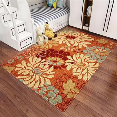 Imagem de Qkjtyt Tapetes de área florais abstratos laranja contemporâneos para quarto decoração de casa boho flores abstratas tapetes de pelo baixo, 1,2 m x 1,8 m