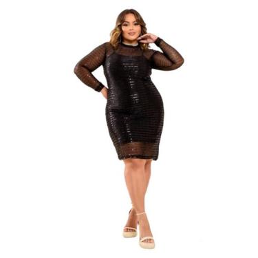 Imagem de Vestido Paete Plus Size Curto Manga Longa Tubinho Brilho - Thania Moda