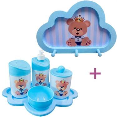 Imagem de Kit Higiene Bebê Ursinho Rei + Cabideiro Infantil Nuvem - Senior, Azul