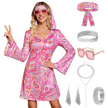 Imagem de Clarisbelle Vestido feminino de Halloween, 7 peças, discoteca, lantejoulas, dança dos anos 70, roupa de fantasia com óculos de sol e faixa de cabeça, Rosa B4, Large