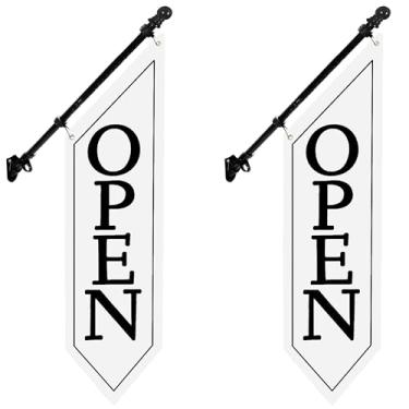 Imagem de Pacote com 2 bandeiras abertas com kit de mastro - Banner aberto de lona resistente para loja comercial, placa dupla face externa de 106 x 30 cm com suporte - Sinalização publicitária para varejo e