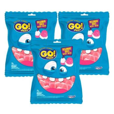 Imagem de Kit 3 Bala Gelatina Go Jelly Beijinho Doce Sabor Morango 70g