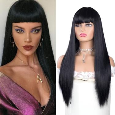 Imagem de ITTAYLER Perucas pretas longas e retas para mulheres, peruca preta com franja, parte do meio, peruca sintética de 66 cm, fibra resistente ao calor, perucas completas para festas diárias e cosplay