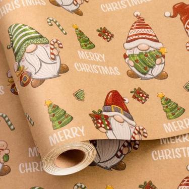 Imagem de Retrify Papel de embrulho de Natal Kraft - Mini rolo de 43 cm x 80 metros - Gnomo vermelho verde fofo com linhas de corte de grade, papel de embrulho de presente para festa de chá de Natal celebração