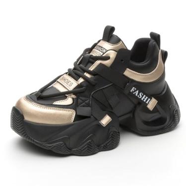 Imagem de AlkYutd Tênis feminino com cadarço grosso, casual, respirável, plataforma, Preto, 6.5