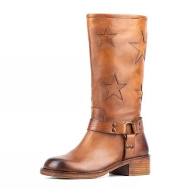 Imagem de Goolita Botas femininas de motociclista com fivela bico quadrado salto grosso estrela Moto cano médio bota de equitação de motocicleta, Marrom, 38